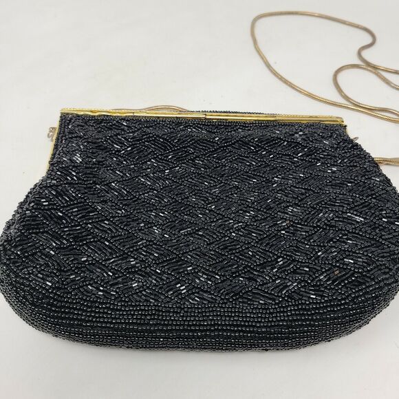 VINTAGE Carla Marchi Black Fully Beaded Clutch Evening Bag Gold Chain Gorgeous - Picture 3 of 8